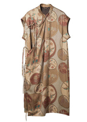 Original Design Khaki Mandarin Collar Print Side Open 2025 Silk Dresses Sleeveless
