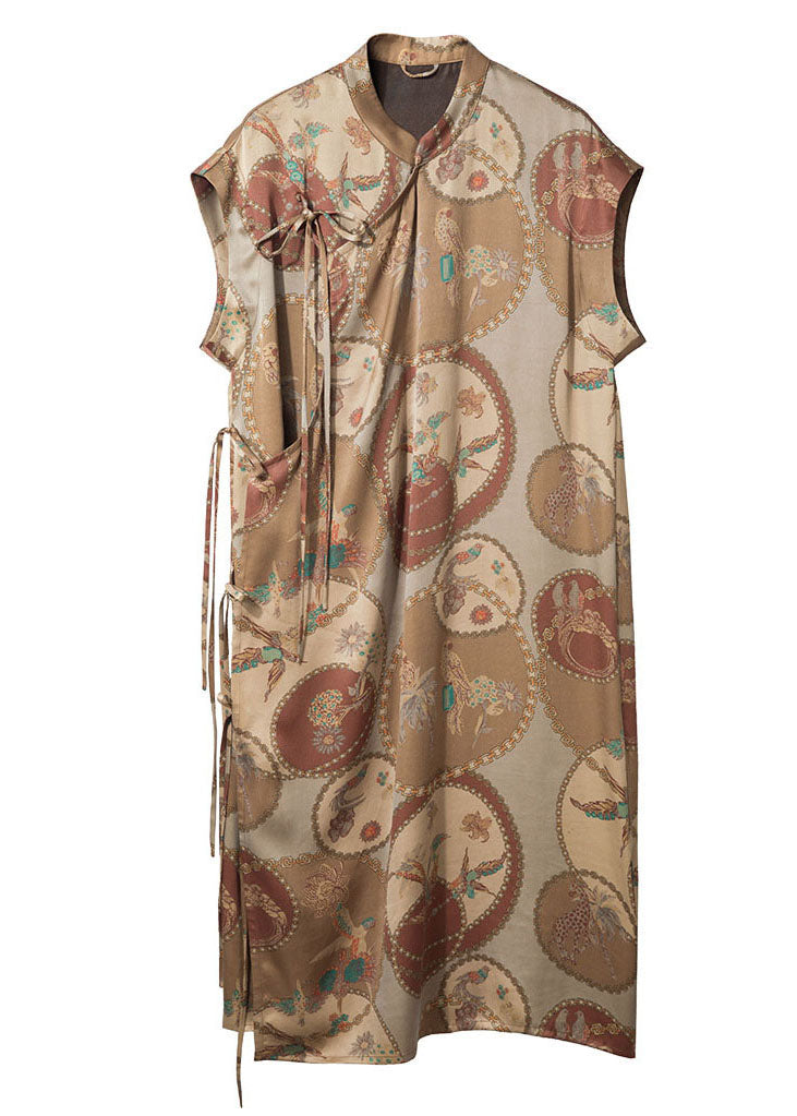 Original Design Khaki Mandarin Collar Print Side Open 2025 Silk Dresses Sleeveless