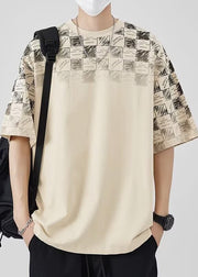Original Design Khaki O Neck Plaid Cotton Mens T Shirt Summer