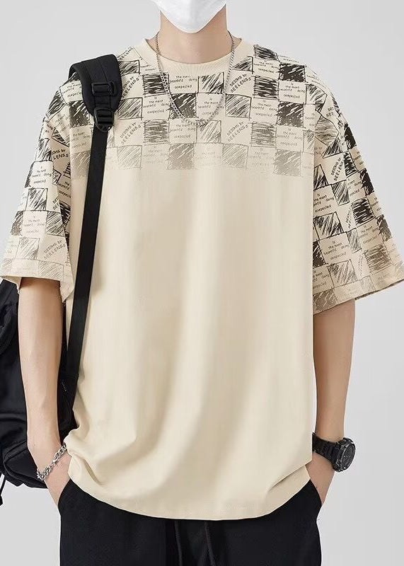 Original Design Khaki O Neck Plaid Cotton Mens T Shirt Summer