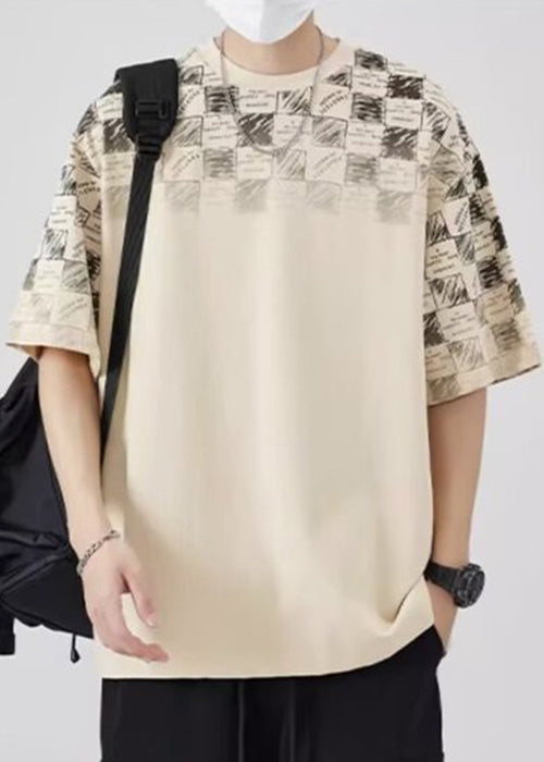 Original Design Khaki O Neck Plaid Cotton Mens T Shirt Summer