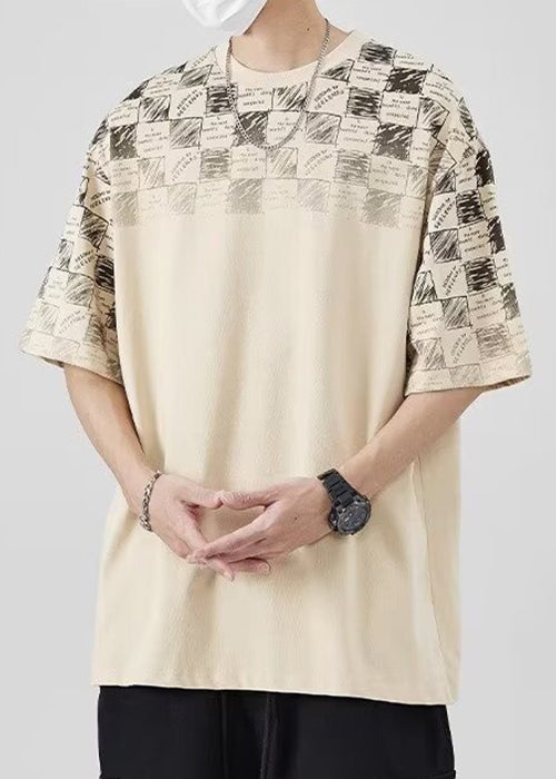 Original Design Khaki O Neck Plaid Cotton Mens T Shirt Summer