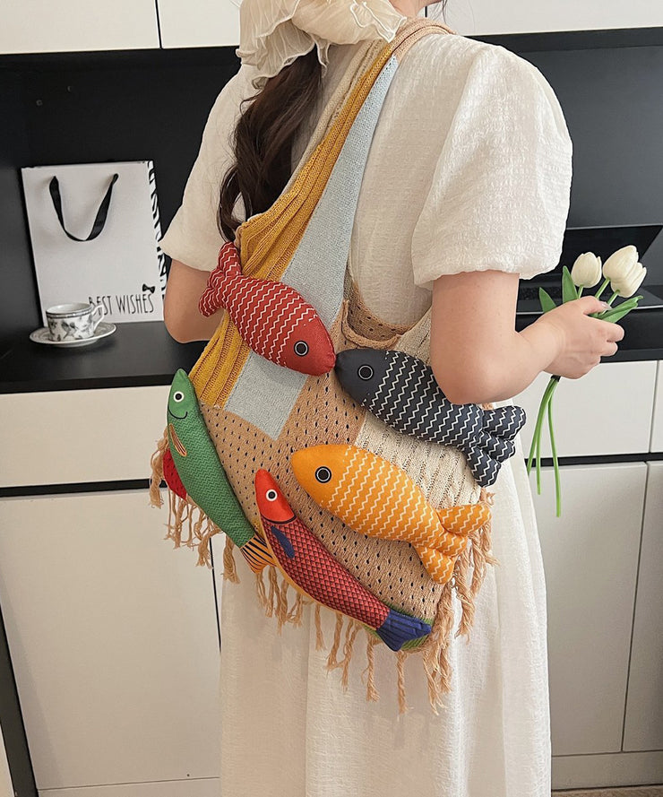 Original Design Khaki Tassel Knit Shoulder Bag