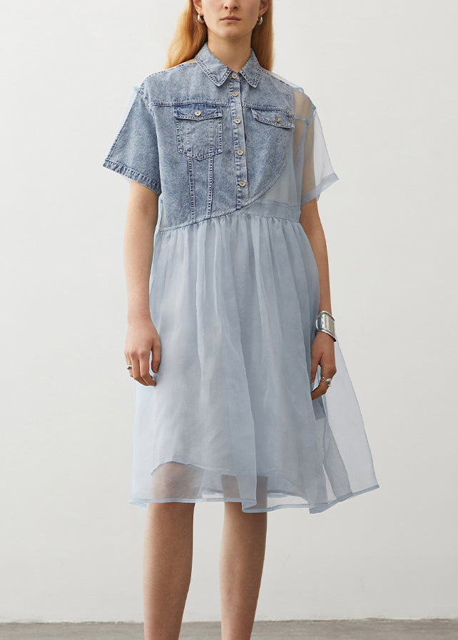 Original Design Light Blue Peter Pan Collar Denim Patchwork Silk Dress Summer