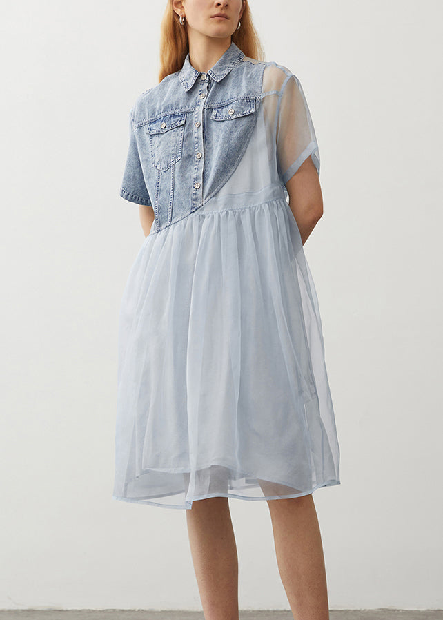Original Design Light Blue Peter Pan Collar Denim Patchwork Silk Dress Summer