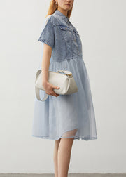 Original Design Light Blue Peter Pan Collar Denim Patchwork Silk Dress Summer