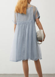 Original Design Light Blue Peter Pan Collar Denim Patchwork Silk Dress Summer