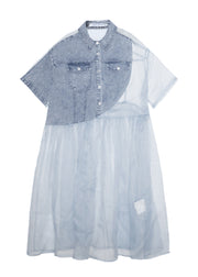 Original Design Light Blue Peter Pan Collar Denim Patchwork Silk Dress Summer