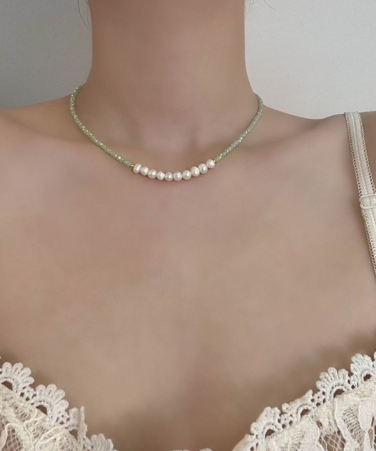 Original Design Light Green Stainless Steel Pearl Beading Crystal Gratuated Bead Necklace