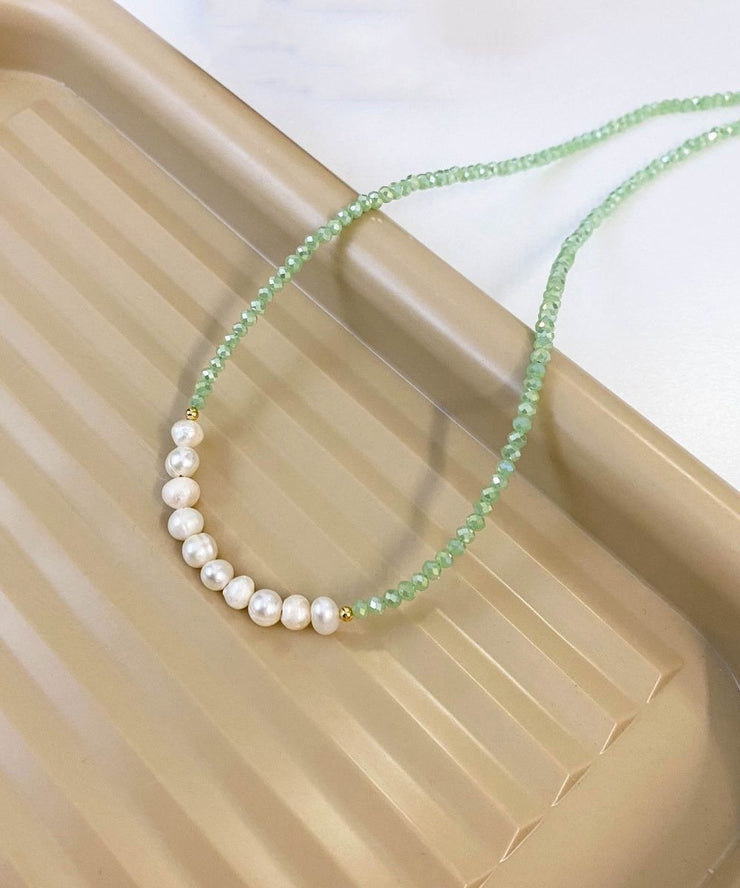 Original Design Light Green Stainless Steel Pearl Beading Crystal Gratuated Bead Necklace