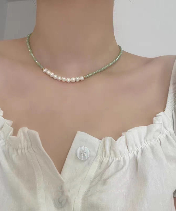 Original Design Light Green Stainless Steel Pearl Beading Crystal Gratuated Bead Necklace