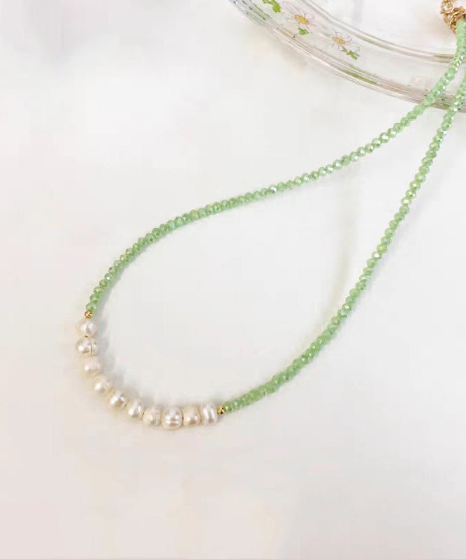 Original Design Light Green Stainless Steel Pearl Beading Crystal Gratuated Bead Necklace