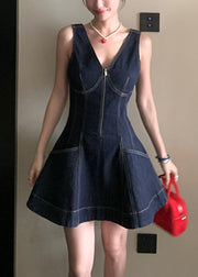 Original Design Navy V Neck Zippered Denim Mini Dresses Sleeveless