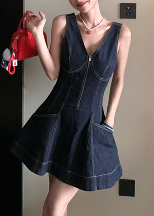 Original Design Navy V Neck Zippered Denim Mini Dresses Sleeveless