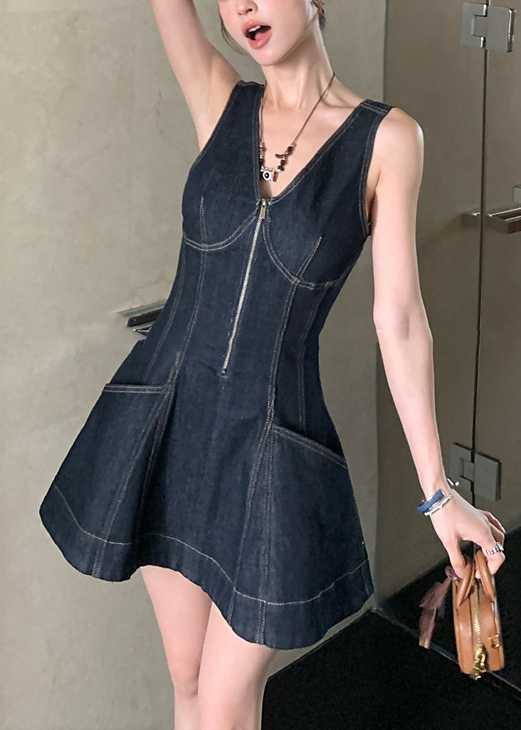 Original Design Navy V Neck Zippered Denim Mini Dresses Sleeveless