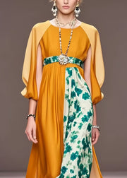 Original Design Orange Cinched Patchwork Silk Dresses Cloak Sleeves
