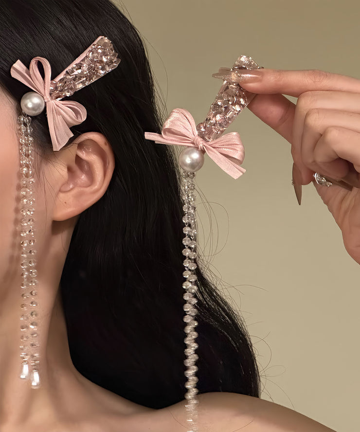 Original Design Pink Alloy Zircon Pearl Bow Tassel Hairpin