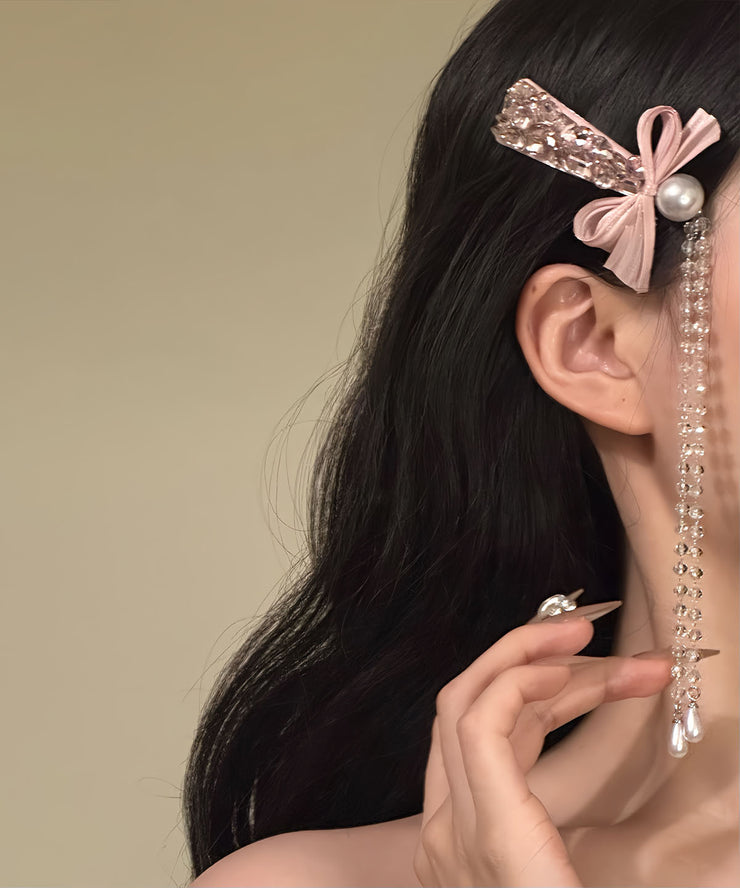 Original Design Pink Alloy Zircon Pearl Bow Tassel Hairpin