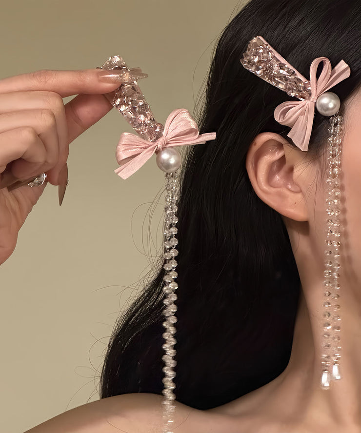Original Design Pink Alloy Zircon Pearl Bow Tassel Hairpin