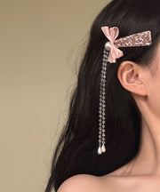 Original Design Pink Alloy Zircon Pearl Bow Tassel Hairpin