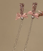 Original Design Pink Alloy Zircon Pearl Bow Tassel Hairpin
