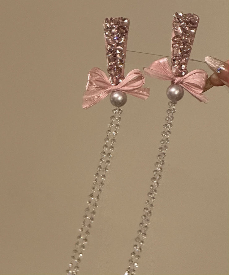 Original Design Pink Alloy Zircon Pearl Bow Tassel Hairpin