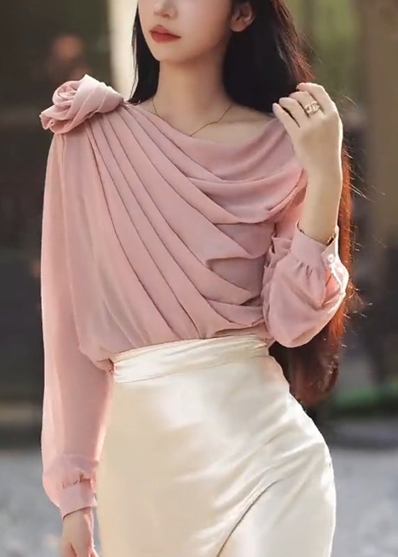 Original Design Pink Flower Pleated Chiffon Shirt Top Spring