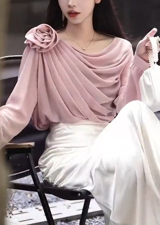 Original Design Pink Flower Pleated Chiffon Shirt Top Spring