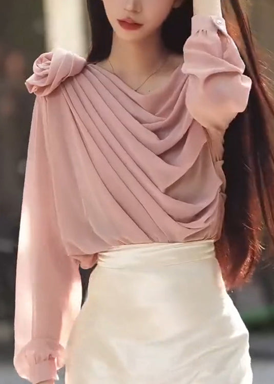 Original Design Pink Flower Pleated Chiffon Shirt Top Spring
