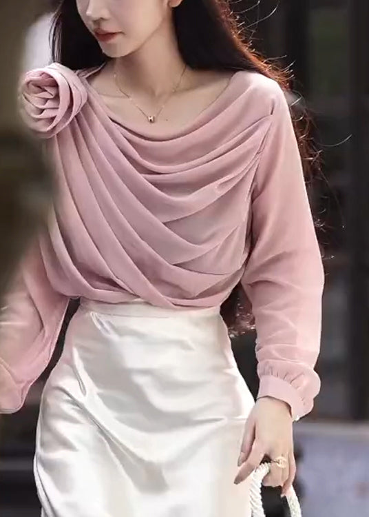 Original Design Pink Flower Pleated Chiffon Shirt Top Spring