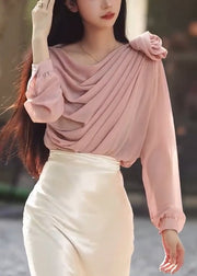 Original Design Pink Flower Pleated Chiffon Shirt Top Spring