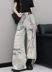 Original Design Print High Waist Denim Wide Leg Pants Fall