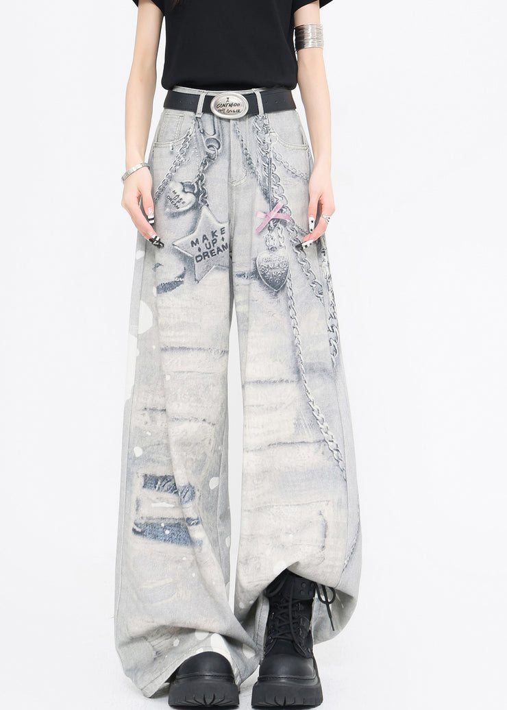 Original Design Print High Waist Denim Wide Leg Pants Fall