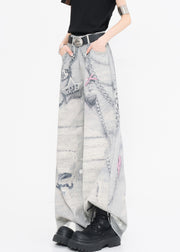 Original Design Print High Waist Denim Wide Leg Pants Fall