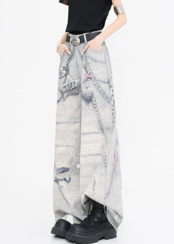 Original Design Print High Waist Denim Wide Leg Pants Fall