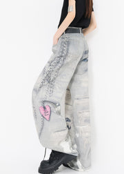 Original Design Print High Waist Denim Wide Leg Pants Fall