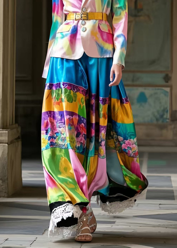 Original Design Print Patchwork Lace Silk Skirts Spring