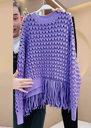 Original Design Purple Tassel Patchwork Hollow Out Cozy Cotton Knit Sweater Fall