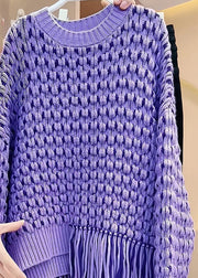 Original Design Purple Tassel Patchwork Hollow Out Cozy Cotton Knit Sweater Fall