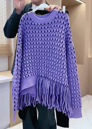 Original Design Purple Tassel Patchwork Hollow Out Cozy Cotton Knit Sweater Fall