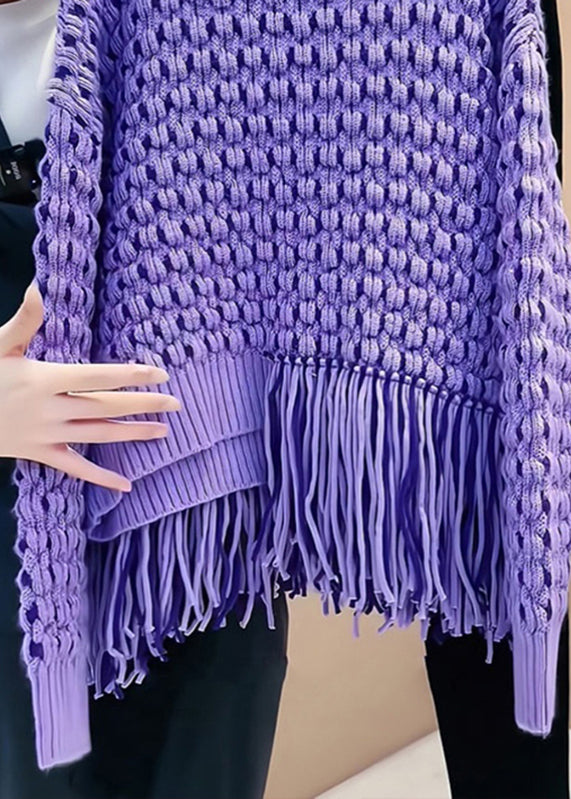 Original Design Purple Tassel Patchwork Hollow Out Cozy Cotton Knit Sweater Fall