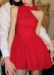 Original Design Red Cold Shoulder Wrinkled Chiffon Dress Sleeveless
