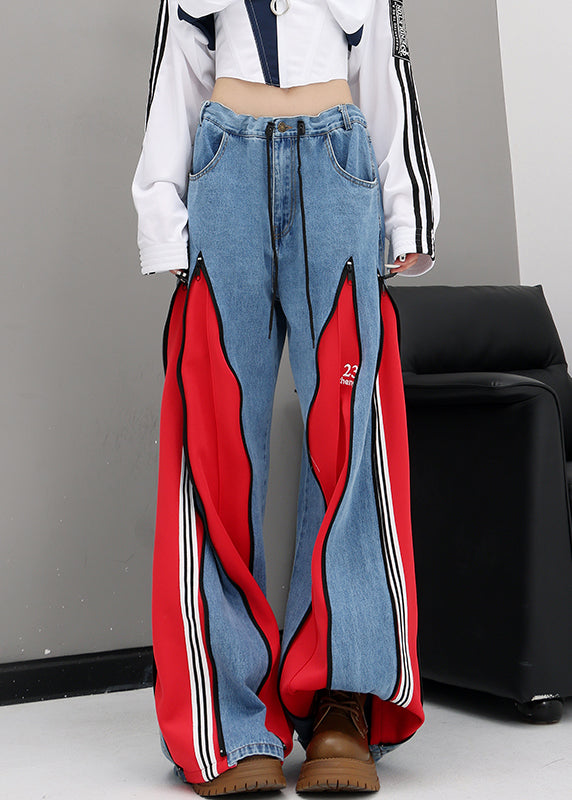 Original Design Red Pockets Patchwork Denim Wide Leg Pants Fall