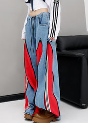 Original Design Red Pockets Patchwork Denim Wide Leg Pants Fall