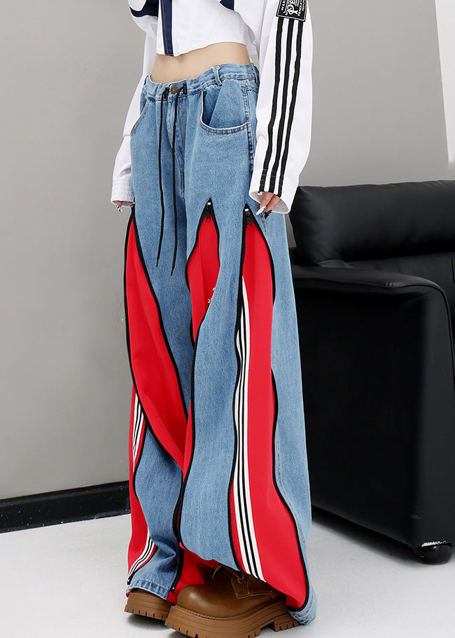 Original Design Red Pockets Patchwork Denim Wide Leg Pants Fall