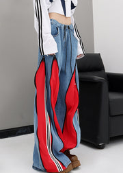 Original Design Red Pockets Patchwork Denim Wide Leg Pants Fall
