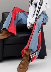 Original Design Red Pockets Patchwork Denim Wide Leg Pants Fall