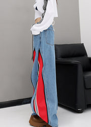 Original Design Red Pockets Patchwork Denim Wide Leg Pants Fall