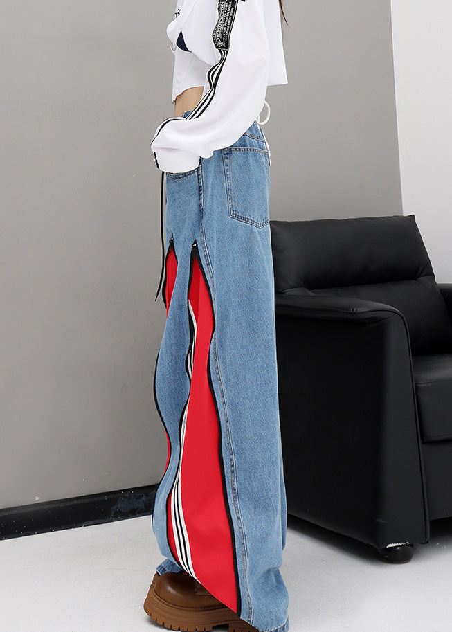 Original Design Red Pockets Patchwork Denim Wide Leg Pants Fall