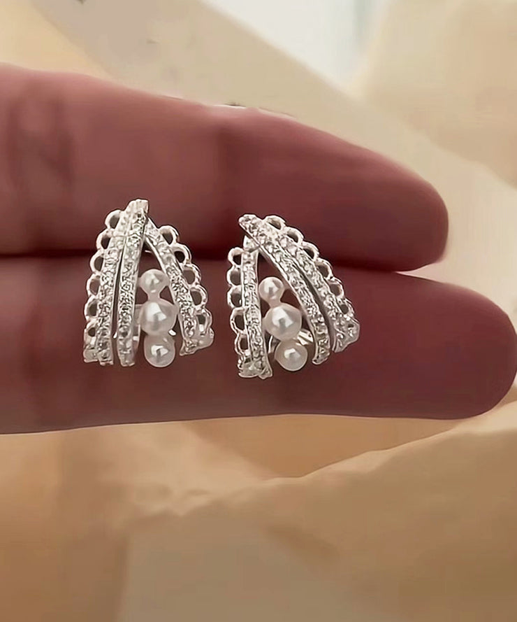 Original Design Silk Copper Lace Pearl Hollow Out Hoop Earrings